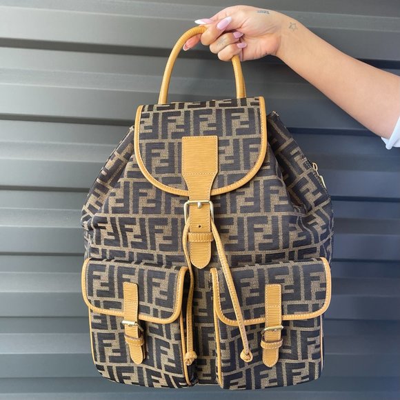 FENDI Vintage Brown & Tan Zucca Logo Monogram Leather Drawstring Backpack main image 9
